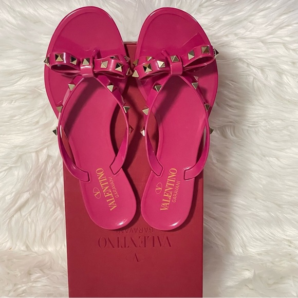 Valentino Garavani PVC Rockstud Bow Jelly Thong Sandals Pink 37 - Picture 2 of 10